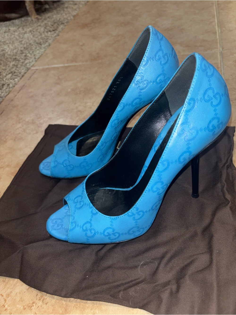 Gucci Bright Blue GG Monogram Peep-Toe Stiletto Heels